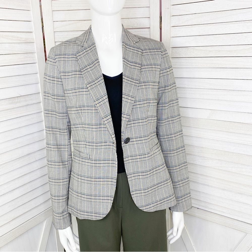 Zara Blazer Jacket Womens 2 Black‎ White Tan Single Breasted Lined Suit Button